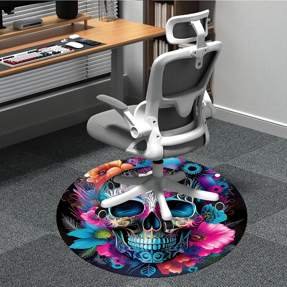 

1pc Skull Flowers Office Round Area Rug, Mat Suitable For Office, Under Office Chairs Bedroom Living Room Home Decor, Room Deco 80cm