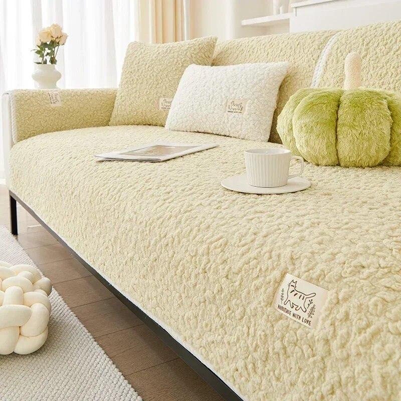 Nordic Solid Color Winter Lamb Wool Sofa Towel Thicken Plush Soft and Smooth Sofa Covers for Living Room Anti-slip Couch Cover