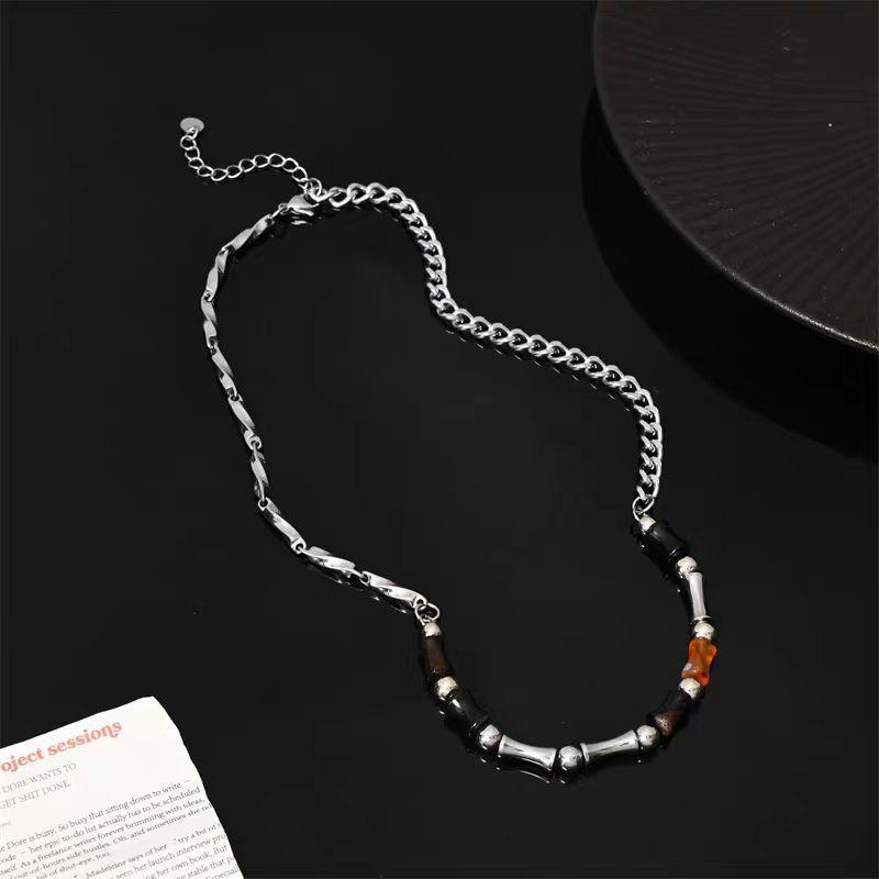 Agate Bamboo Boys Necklace Niche Design Hip Hop Men's Neck Chain Retro Style Women's Premium Sense Clavicle Chain Men