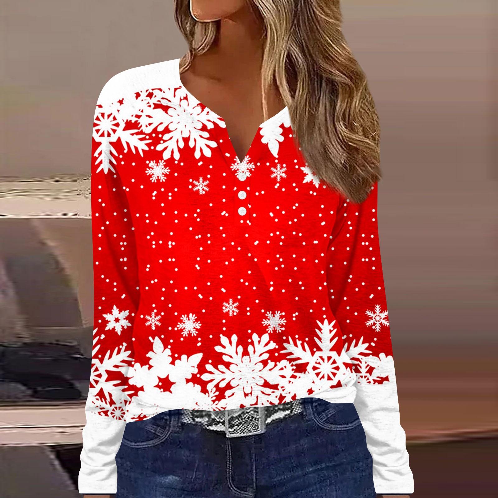 

Жен. Футболка Футболка Пуговицы Длинный рукав Рождественский принт Повседневные Выходные Мода Классический V-образный вырез Обычный Верх XL винный