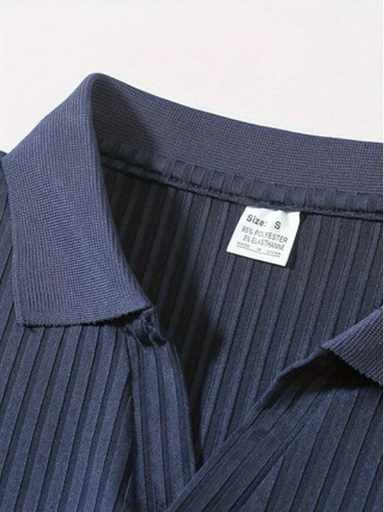 Europäisches Herren-Herbst-Sport-Fitness-Poloshirt mit V-Ausschnitt, Stehkragen und vertikalen Streifen