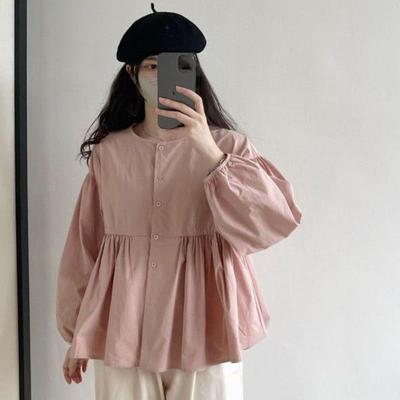 Shirts Women Loose Crop Solid Folds Puff Sleeve Schoolgirl Leisure Simple All-match Spring Top
