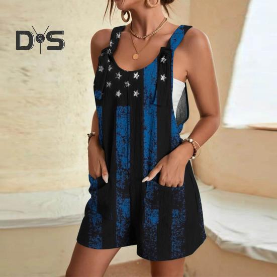 

Женский комбинезон 4 июля, День независимости США, принт американского флага, U-образный вырез, без рукавов, патриотизм, накладные карманы, свободный женский короткий комбинезон XL A