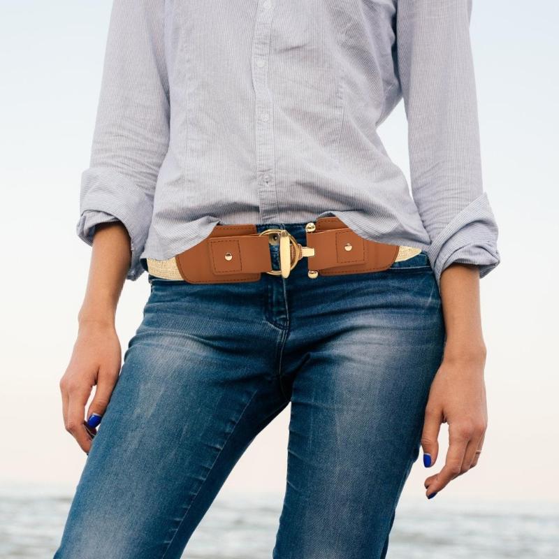 Retro Adjustable Waist Cincher Elastic Woven PP Straw Belt Natural Texture Gold Clasp Women's Fashion Accessory