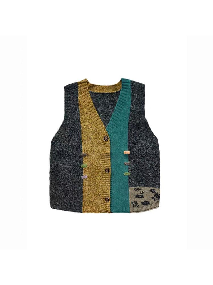 Color-Block V-Neck Knit Cardigan Vest for Women - Autumn/Winter Loose Outerwear Sweater Shawl