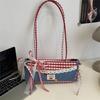 New Lace Plaid Versatile Shoulder Cloth Bag Handheld Student Underarm Baguette Women's Large Capacity