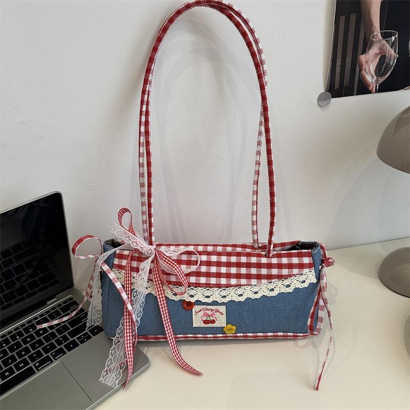 New Lace Plaid Versatile Shoulder Cloth Bag Handheld Student Underarm Baguette Women's Large Capacity