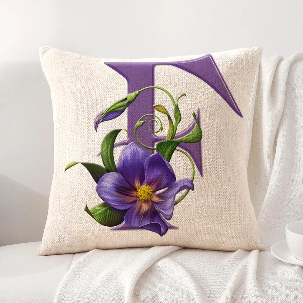 Simple Purple Flower Letters Cushion Cover Natural Linen Organic Fabric DoubleSided Printing Sofa Home Decor Breathable