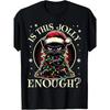European Sizes Men'S Funny Black Cat Christmas Tree Lights T-Shirt - Soft Breathable Retro Graphic Tee with "Is This Jolly Enough?" Santa Hat Cat