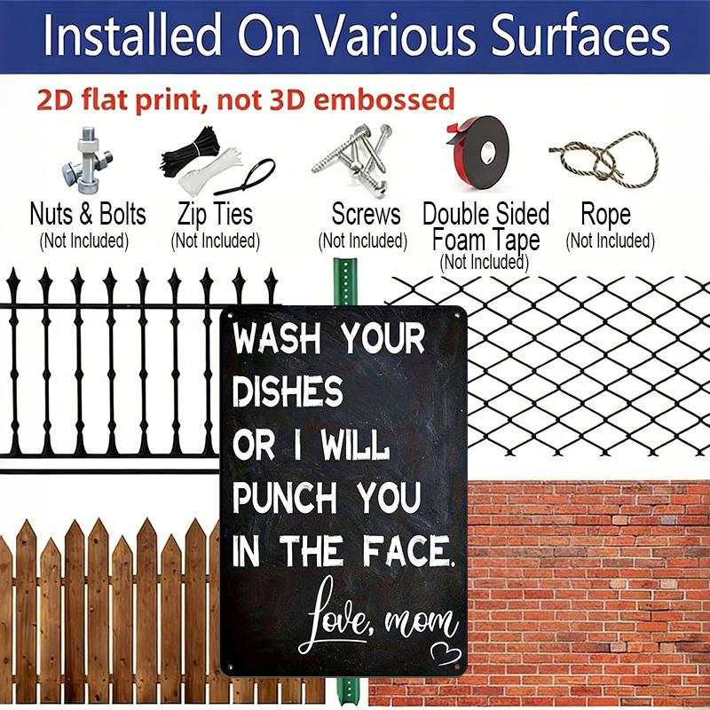 2D Flat 1pc Aluminum Sign Wash Your Dishes or I Will Punch You In The Face Love Mom Funny Kitchen Humor Wall Decor Plaque for Home Kitchen