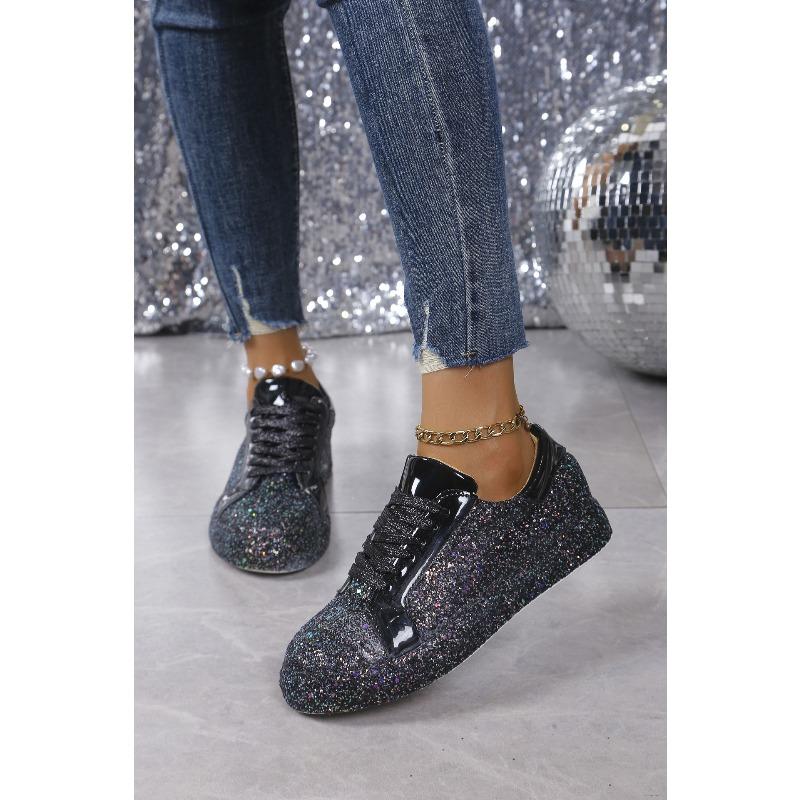2025 Spring New Arrival Plus Size Lace-Up Women's Shoes Sequin-Embellished Round-Toe Casual Flats