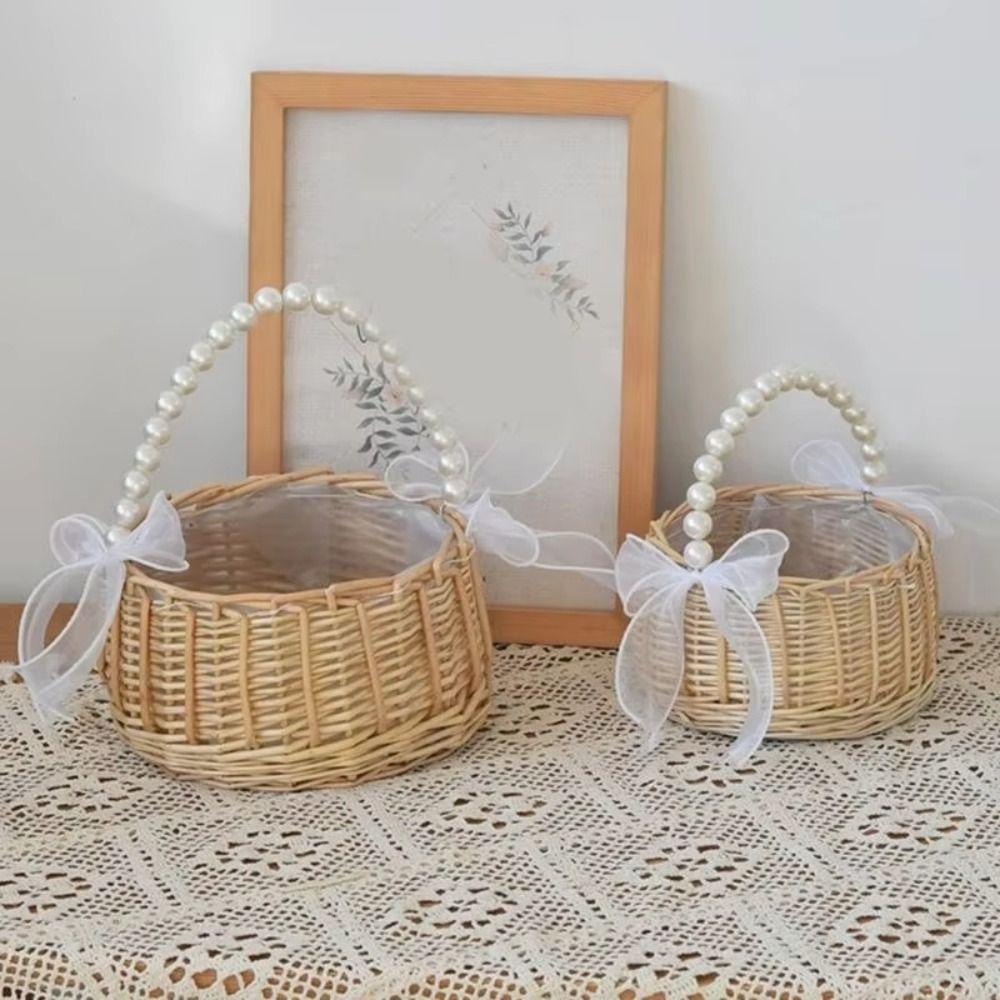 Pearls Handle Woven Basket Twin Fish Tail Design Flower Arrangement Basket  for Wedding