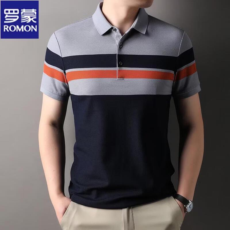 ROMON Men s Striped Ice Silk Short Sleeve Polo T-shirt 4XL