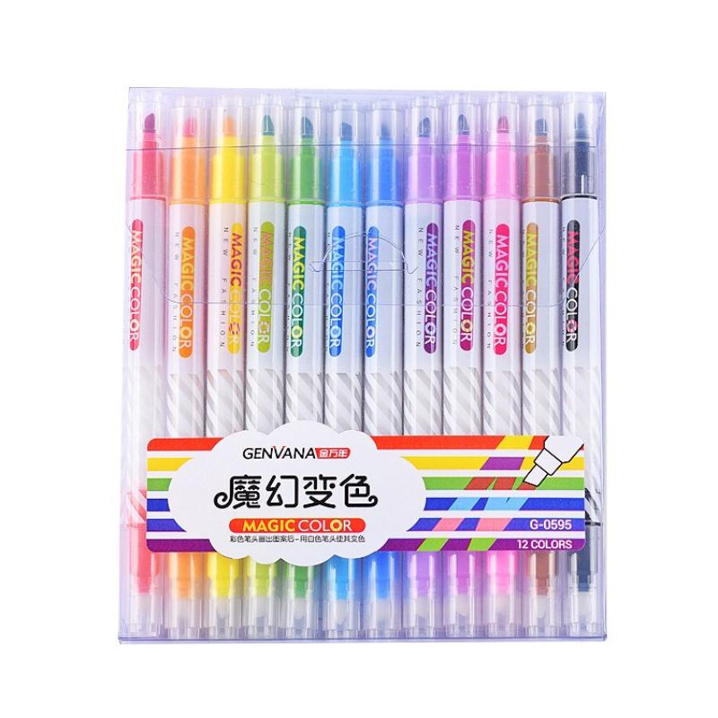 Kawai Stationery Magic Changing DIY Painting Pen Double Headed 12 Color Set Fluorescent Painted Pen Hand Account Lovely Supplies