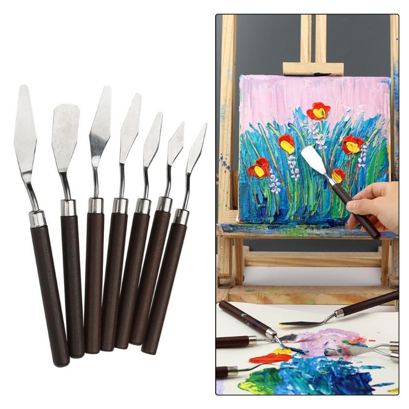 7Pcs Spatula Palette Tool Set Wood Handle Palette Tool Stainless Steel Mixing Scraper for Oil Acrylic Painting