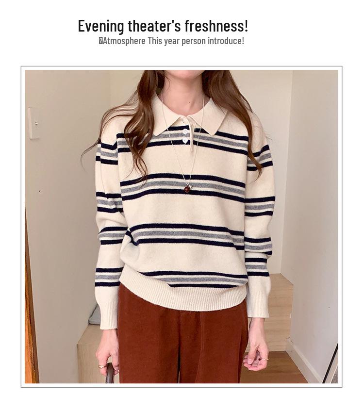 Women's Striped Wool Polo Collar Knit Top - European & American College Style, Autumn/Winter