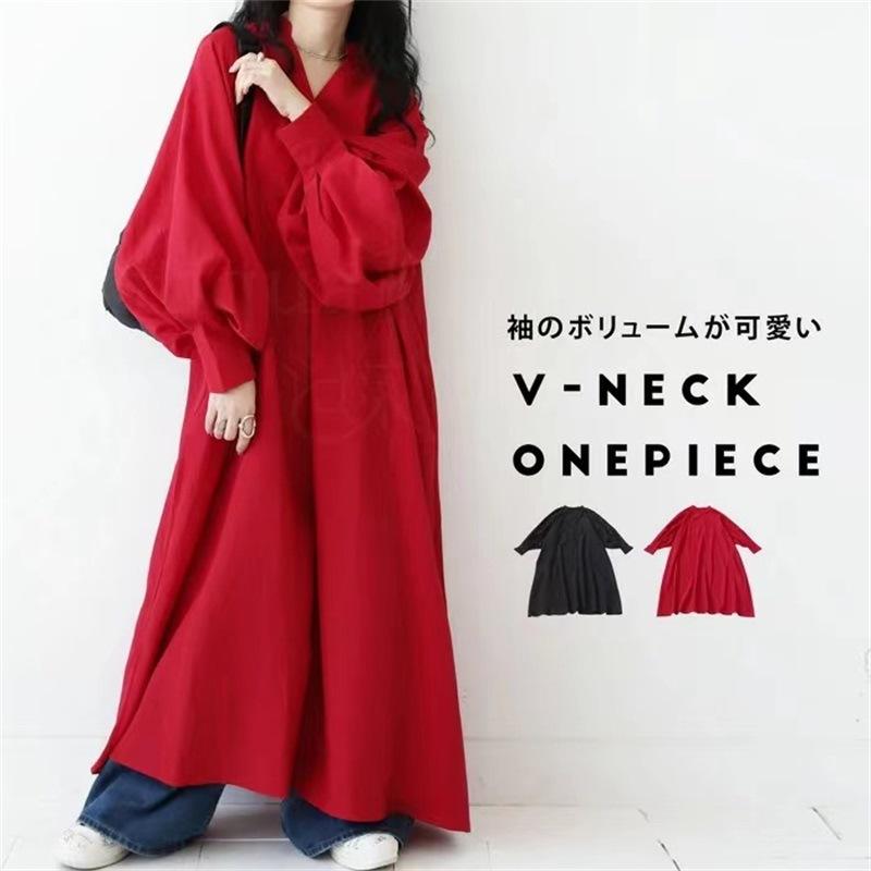 

Женское однотонное платье с V-образным вырезом, свободного кроя, с длинным рукавом one size красный