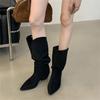 Eilyken Winter Designer Pointed Toe Women Knee High Boots Fashion Square Heels Buckle Fold Short Shoes Botas