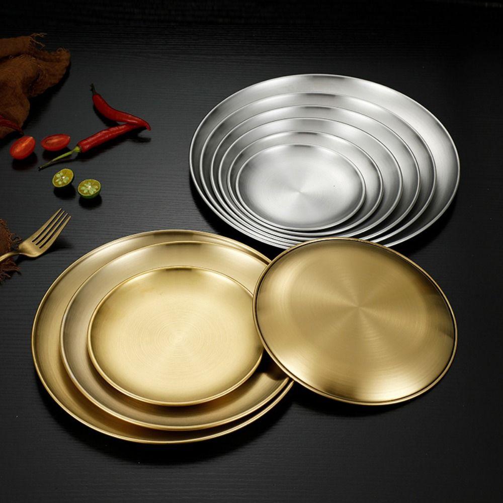 Cake Plate Reusable Picnic Dinner Plate 14/17/20/23/26cm Stainless Steel Dining Tray Round Shape Stackable Dessert Plate Hiking
