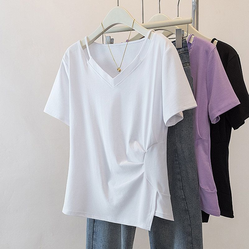 V Neck Asymmetrical Small Shirt Plus Size Ladies Covering Belly Thin Summer Wear