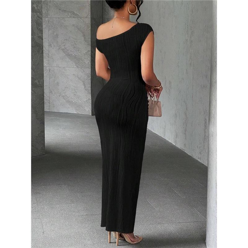 Sexy Solid Color Dress Cute Slim Water Ripple Diagonal Shoulder Dress
