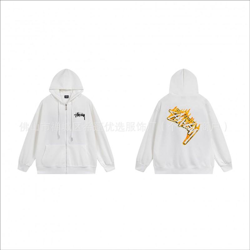 Stu Unisex Hooded Zip-Up Sweatshirt With Letter Print Fleece-Lined Oversized Fit Winter Casual Wear