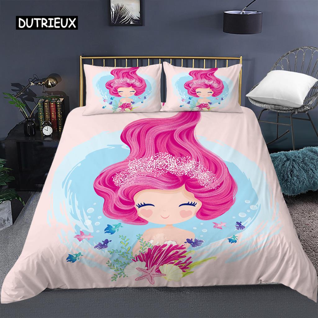 Beddengoed Set Ledikant Dekbedovertrek voor Baby Kinderen Blauw Cartoon Zeemeermin Edredones Niños Meisjes Prinses Polyester Dekbedovertrek