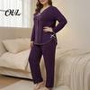 Versatile Two Piece Loungewear Women's Plus Size Pajama Set, Long Sleeve Top And Pants Soft Sleep Sets for Air Conditioned Rooms with Bow, Ruffle