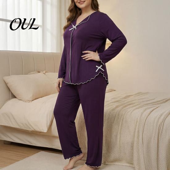 Versatile Two Piece Loungewear Women's Plus Size Pajama Set, Long Sleeve Top And Pants Soft Sleep Sets for Air Conditioned Rooms with Bow, Ruffle