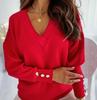Long Sleeve Knitted Women Sweater V Neck Jumper Office Lady Button Loose Casual Pullover Sweaters