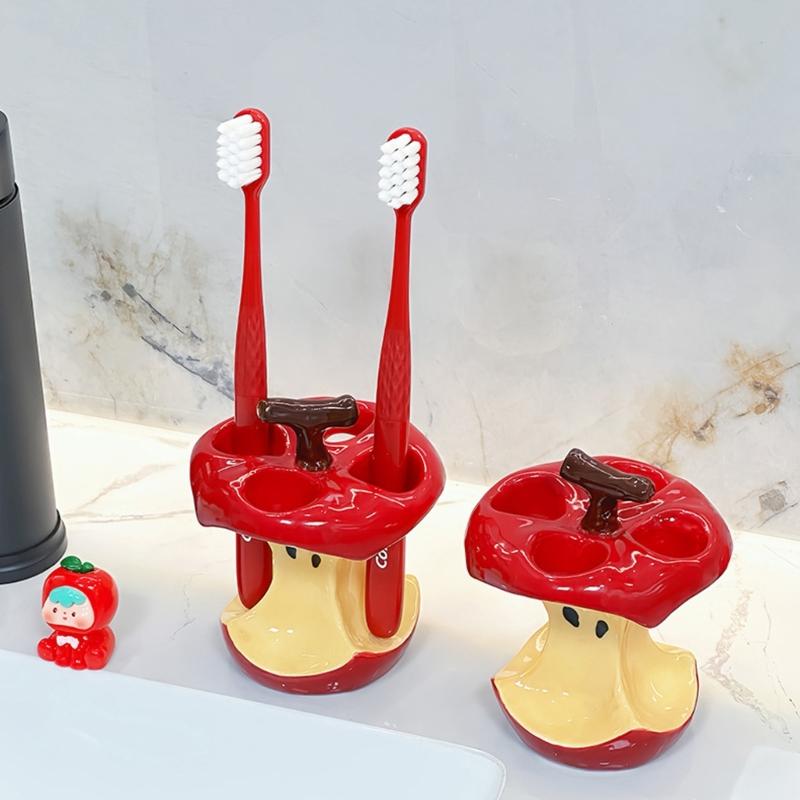 Hygienic Ceramic Toothbrush Stand With 4 Compartments  Fruit Core Theme Bathroom Storage Rack Pen Holders Organizers