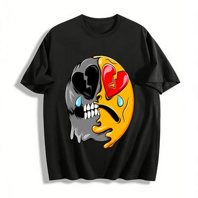 Halbes Schädel gebrochenes Herz weinendes Gesicht Grafik Trendiges lässiges T-Shirt Reines Baumwoll-T-Shirt