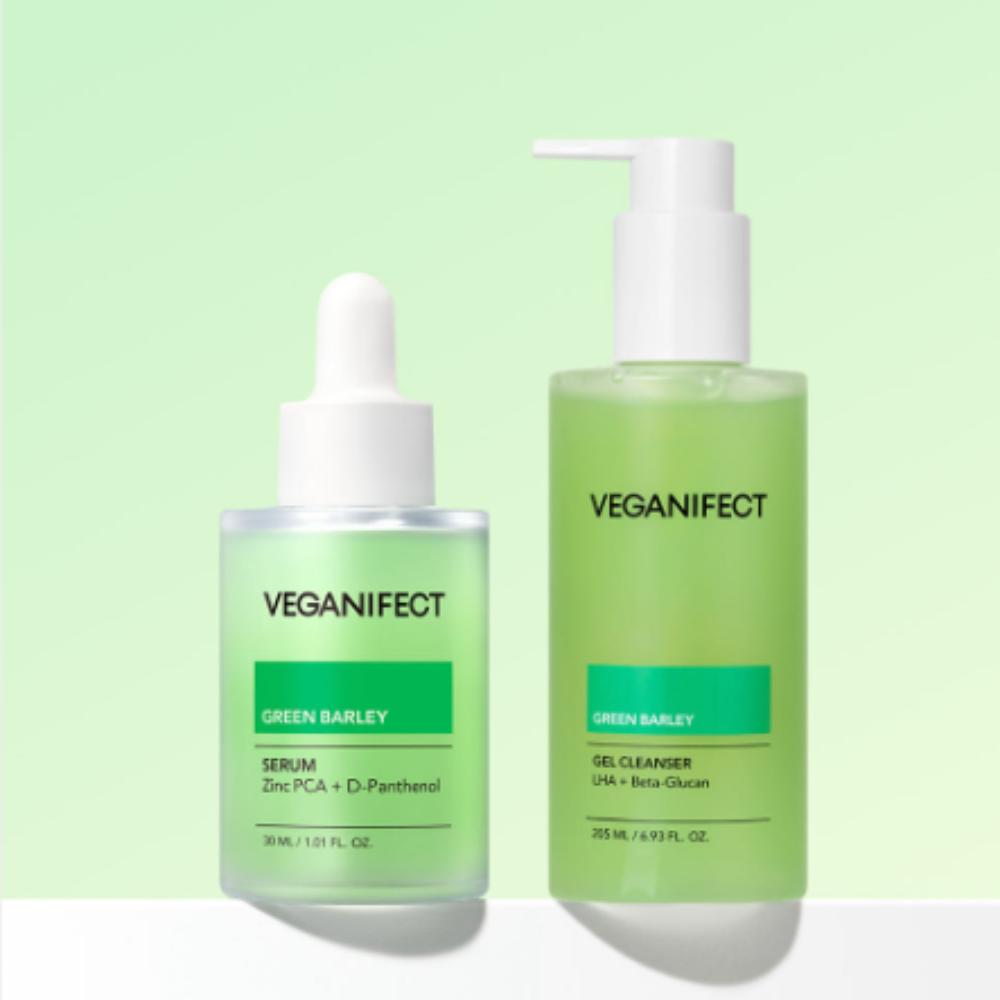 Veganifect Green Barley Zinc Serum 30ml + Green Barley LHA Gel Cleanser 205ml Special Pore & Sebum Control Set