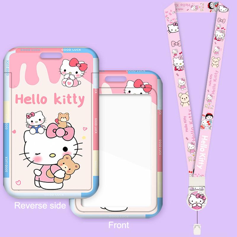 Kawaii Hello Kitty Photo Card Holder Sanrio Kt Cat Telescopic Easy-Pull Buckle Card Sleeves Pendant Meal Card Bus Card Cover