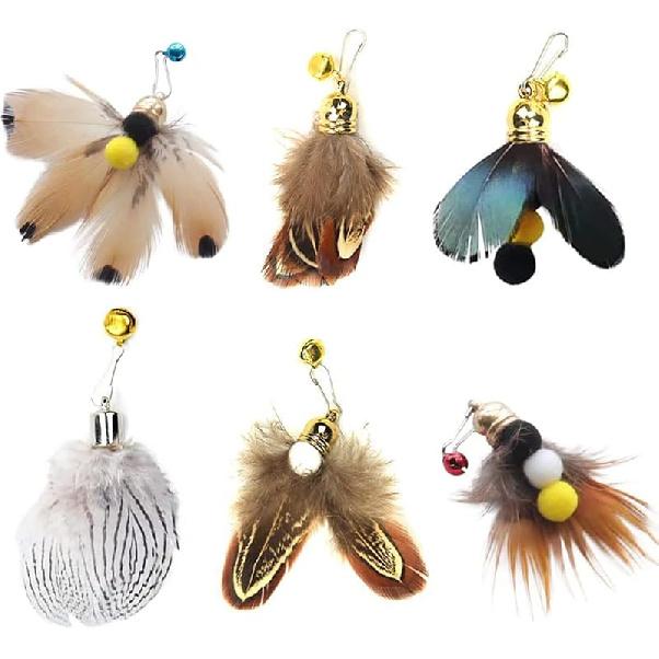 Cat ect Feather Toys Replacement Cat Toy Wand Refills, 6 Pieces Natural ect Cat Toy Feathers Refill, Interactive Cat Teaser Wand Attachments, with