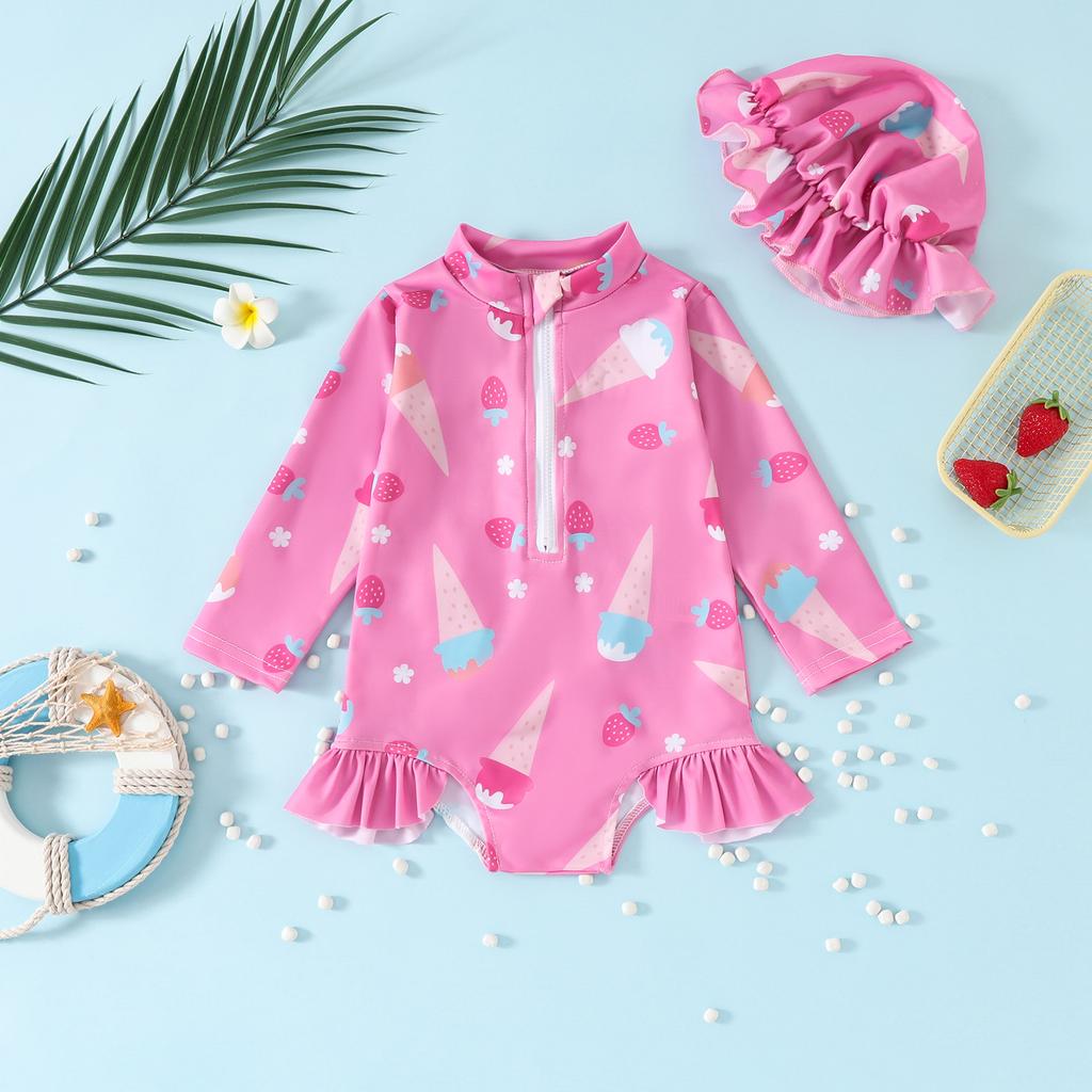 Baby Girl Swimsuit Long Sleeve One Piece Swimsuit + Hat Zip Up Ruched Lace Design Baby Girl 6M-3Y One Piece Swimsuit