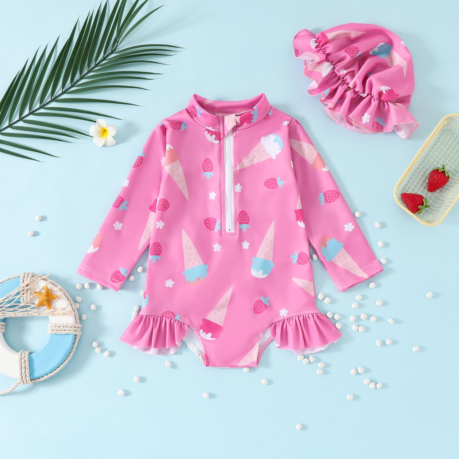 

Купальник для девочки, цельный купальник с длинными рукавами + шапочка, застегивающийся на молнию, кружевной дизайн, цельный купальник для девочки 6 месяцев-3 лет 12-18M