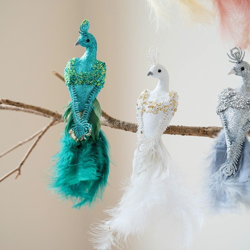 Built-In Clip Christmas Tree Peacock Ornaments Realistic Faux Peacock Tree Hanging Christmas Tree