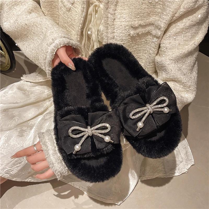 

Женские меховые тапочки с бантом из бисера, уютные домашние тапочки из хлопка, брендовая дизайнерская зимняя новинка 2024 года, модные пушистые шлепанцы, повседневные шлепанцы 35 чёрный