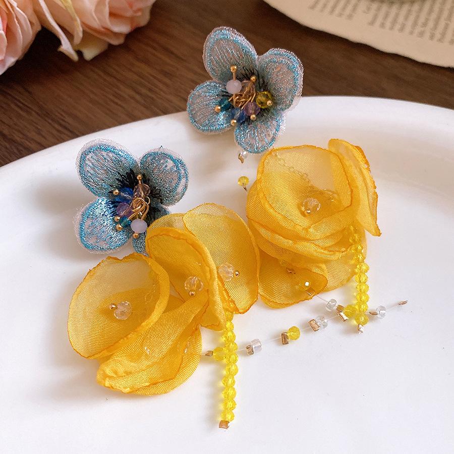 

Silver needle chiffon flower fringed earrings holiday wind fresh and sweet simple fashion stud earrings niche high-end earrings