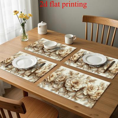 4pcs 2D FLAT Digital Print Placemats, Beige with Three-Dimensional Floral Decorative Pattern, Make Your Dining Area More Beautiful, Perfect for Coffee