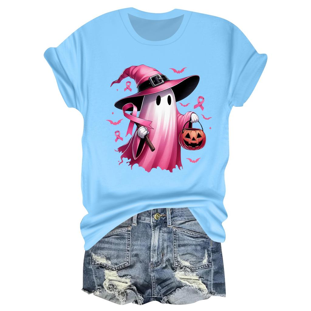 Women's Casual Halloween Breast Print T-Shirt Round Neck Pullover Short Sleeve Top