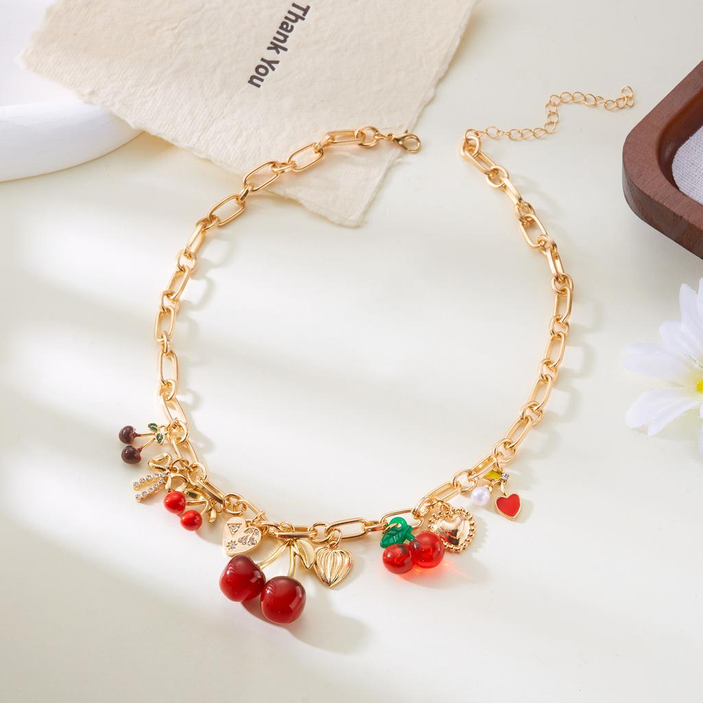 Collana con Ciondolo Cuore Ciliegia Rossa Romantico per Donna Colore Oro Dolce Fragola Frutta Catena Grossa Choker Gioielli per Festa Vacanza