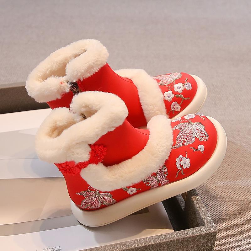 

Girls Winter Hanfu Cotton Boots with Fleece Lining Kids Snow Boots Traditional Chinese Shoes size 26 красный