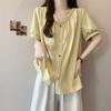 Large size fat mm colored button short-sleeved shirt women's design sense summer new loose and thin V-neck top