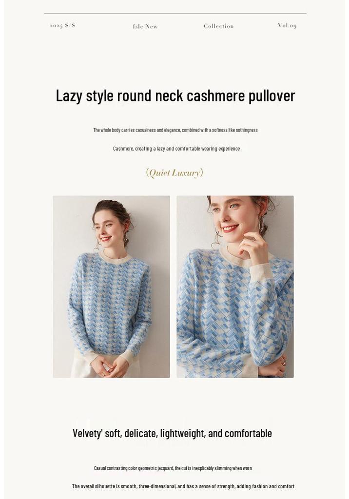 2025 Autumn/Winter Women's Soft Warm Cashmere Sweater – Color Block Round Neck Knit with Long Sleeves