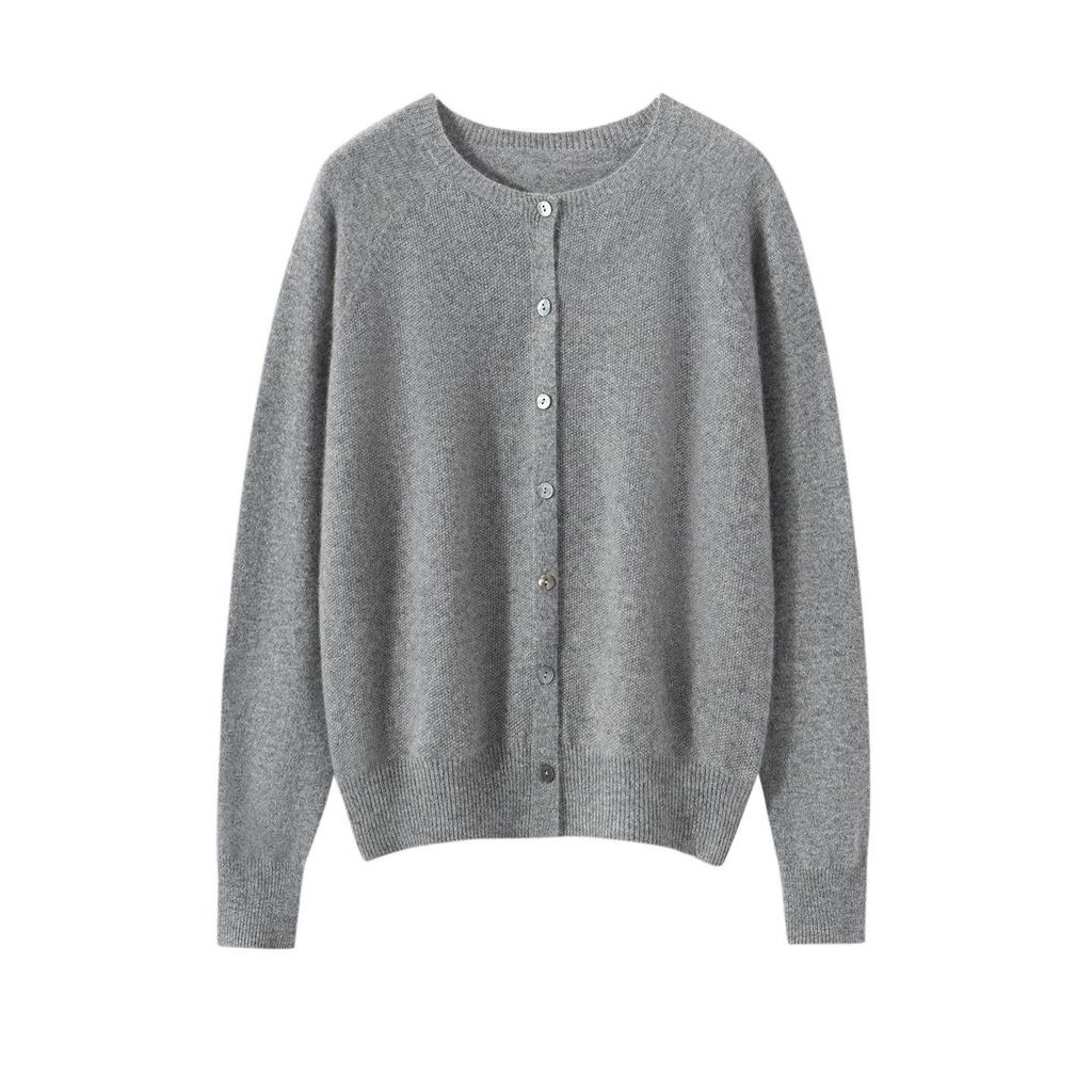 Women's Pure Cashmere Round Neck Cardigan - Autumn/Winter Loose Fit, Solid Color Knitted Sweater Coat