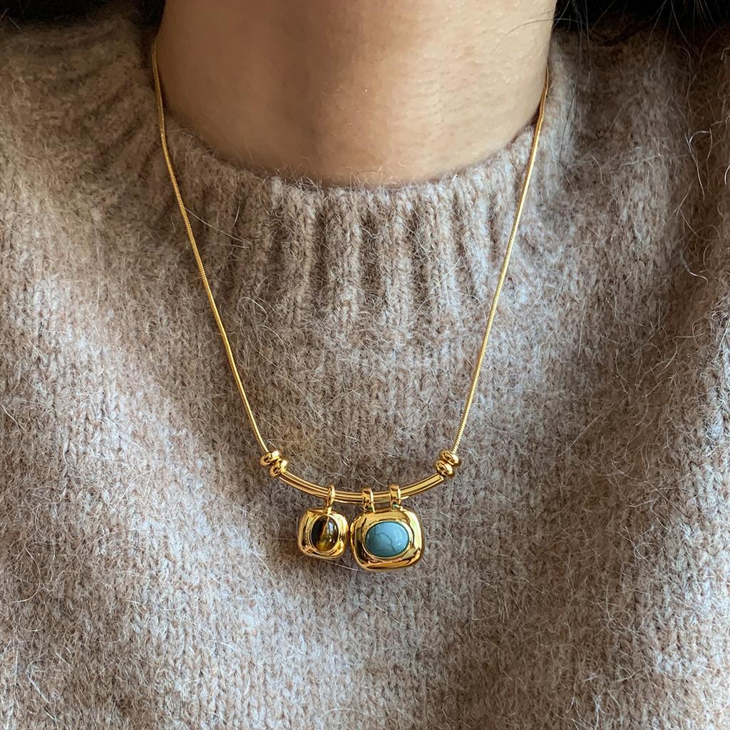 18K real gold electroplated tiger's eye stone pendant necklace casual retro temperament collarbone chain light luxury sweater chain women