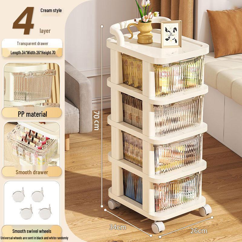 Movable Floor-Standing Baby Toy Storage Rack with Snack and Cream Style Shelves