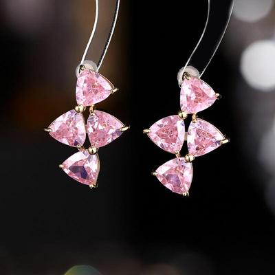 Stylish Double Bow Triangle Zircon Copper Earrings with Crystal Silver Studs
